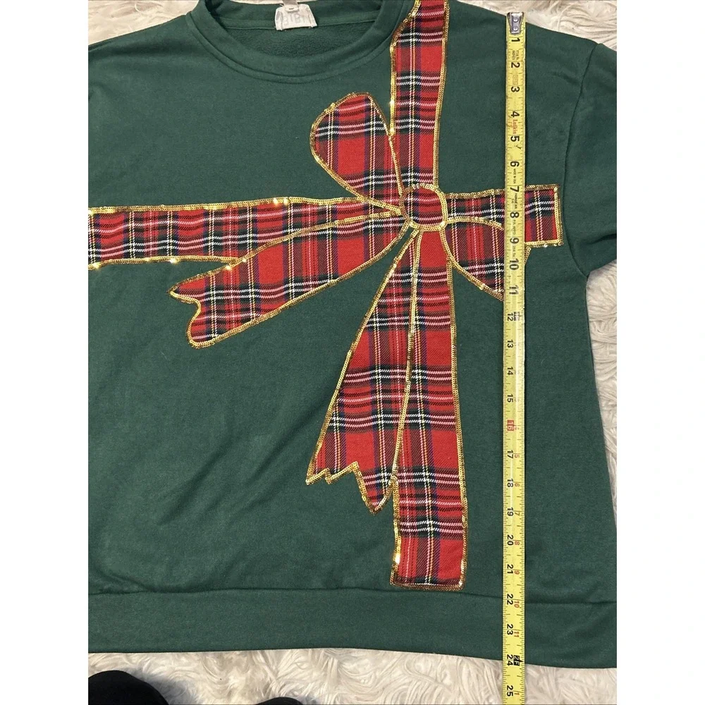 Bibi Green Red Plaid Ribbon Crewneck Pullover Christmas Gold Sequin Holiday Sz S - Picture 11 of 12